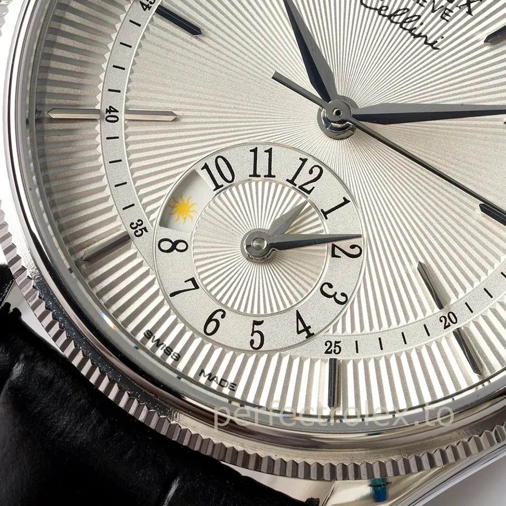 Rolex-Cellini-50529-0006-Dual-Time-39mm-Silver-Guilloché-Dial-Black-Leather-Strap-Automatic-Replica-Watch-Dial-Detail-3