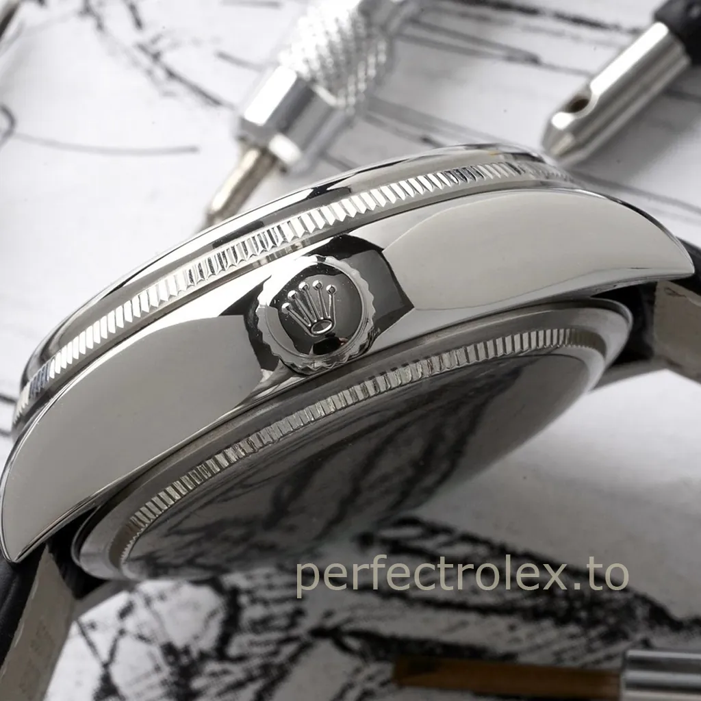 Rolex-Cellini-50529-0006-Dual-Time-39mm-Silver-Guilloché-Dial-Black-Leather-Strap-Automatic-Replica-Watch-Right-Side-View