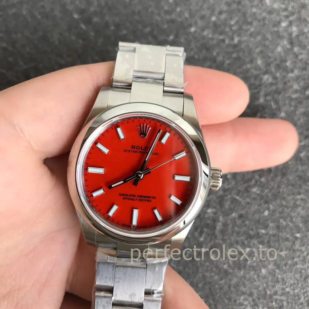 Rolex-Oyster-Perpetual-Coral-Red-Dial-31mm-277200-0008-904L-Steel-Automatic-Replica-Watch-Front-View-1