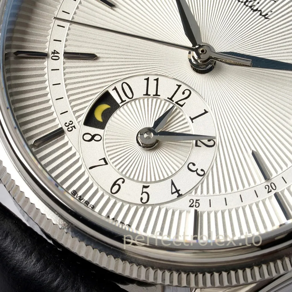 Rolex-Cellini-50529-0006-Dual-Time-39mm-Silver-Guilloché-Dial-Black-Leather-Strap-Automatic-Replica-Watch-Dial-Detail-2