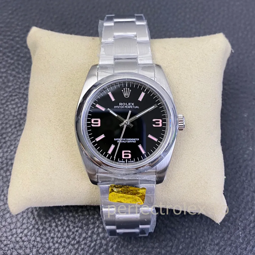 Rolex-Oyster-Perpetual-116000-Black-Dial-Pink-Numerals-36mm-Super-Clone-Automatic-Watch-Front-View-1