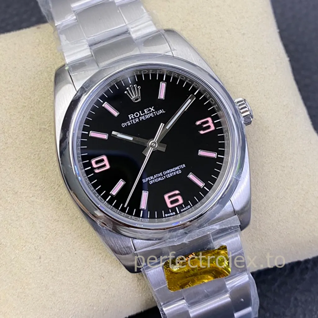Rolex-Oyster-Perpetual-116000-Black-Dial-Pink-Numerals-36mm-Super-Clone-Automatic-Watch-Front-View-2