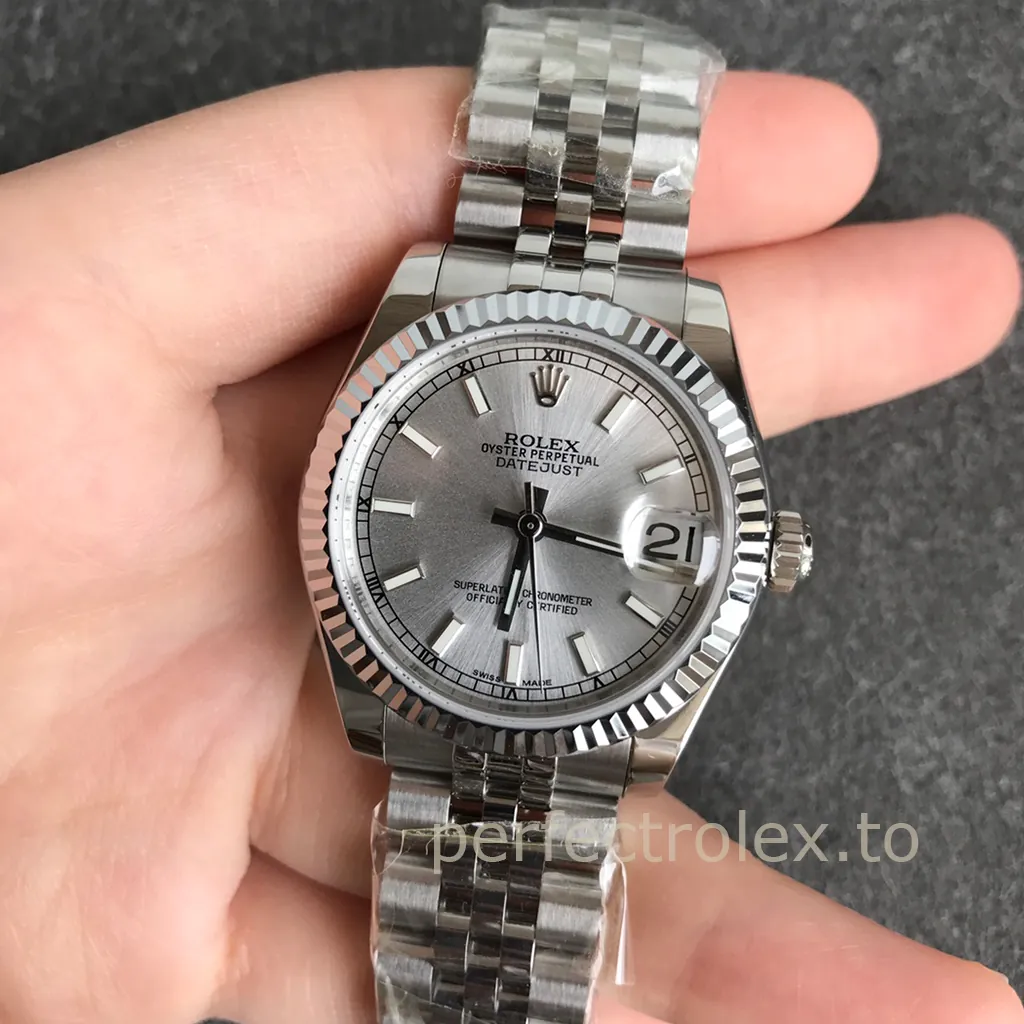 Rolex-Datejust-Gray-Sunburst-Dial-Model-178274-Replica-Watch-31mm-Fluted-Bezel-and-Jubilee-Bracelet-Front-View-1