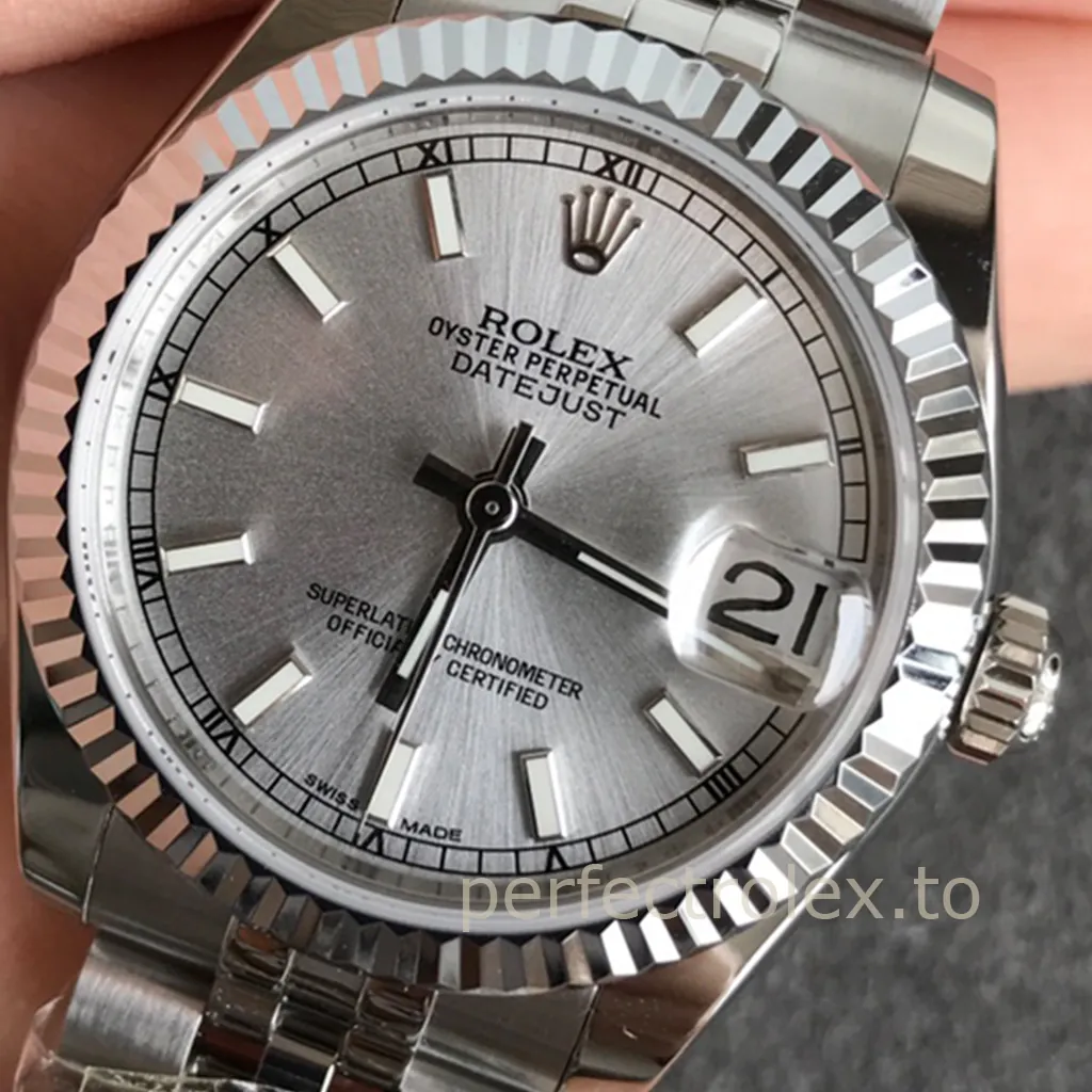 Rolex-Datejust-Gray-Sunburst-Dial-Model-178274-Replica-Watch-31mm-Fluted-Bezel-and-Jubilee-Bracelet-Dial-Detail-2