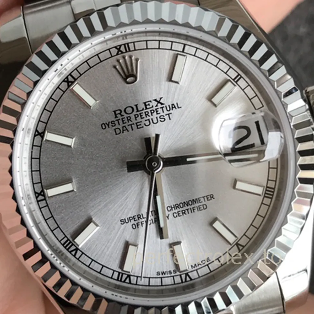 Rolex-Datejust-Gray-Sunburst-Dial-Model-178274-Replica-Watch-31mm-Fluted-Bezel-and-Jubilee-Bracelet-Dial-Detail-1