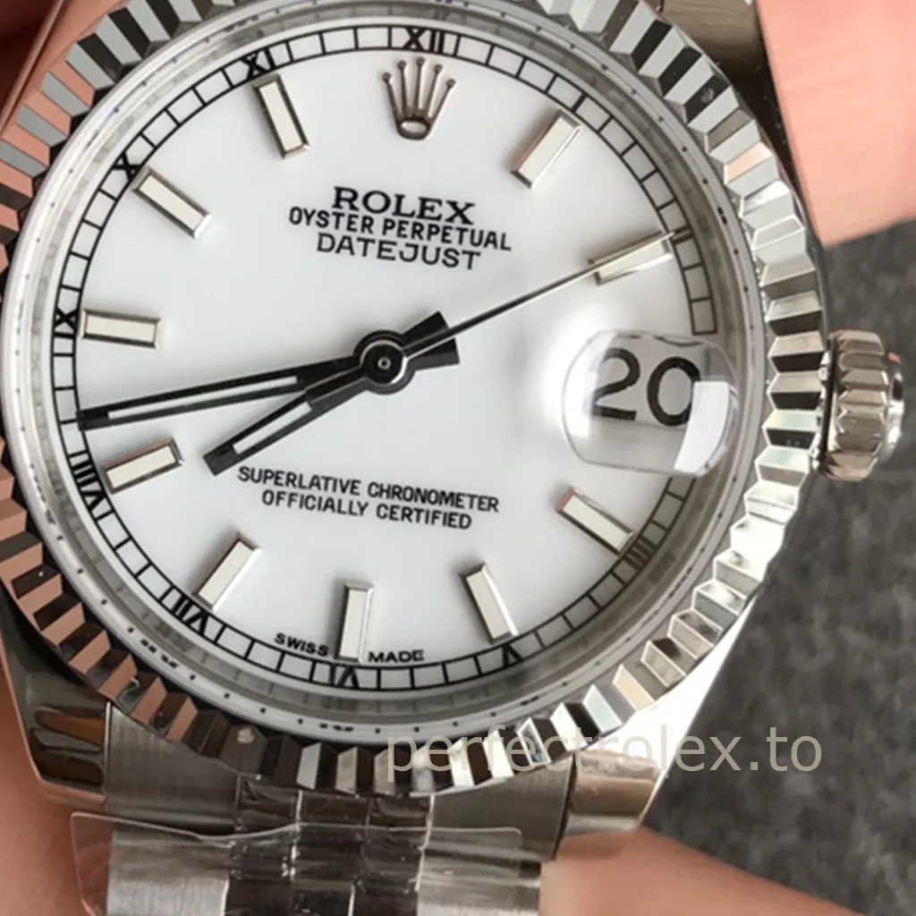 Rolex-Datejust-178274-0008-31mm-Super-Clone-Watch-White-Dial-Fluted-Bezel-Jubilee-Bracelet-Dial-Detail-2
