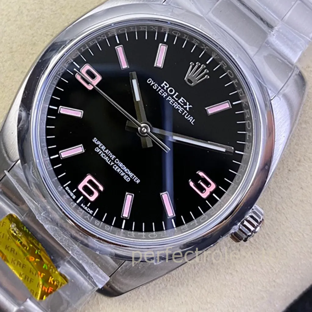 Rolex-Oyster-Perpetual-116000-Black-Dial-Pink-Numerals-36mm-Super-Clone-Automatic-Watch-Dial-Detail-2