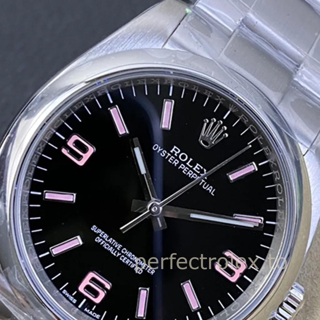 Rolex-Oyster-Perpetual-116000-Black-Dial-Pink-Numerals-36mm-Super-Clone-Automatic-Watch-Dial-Detail-1