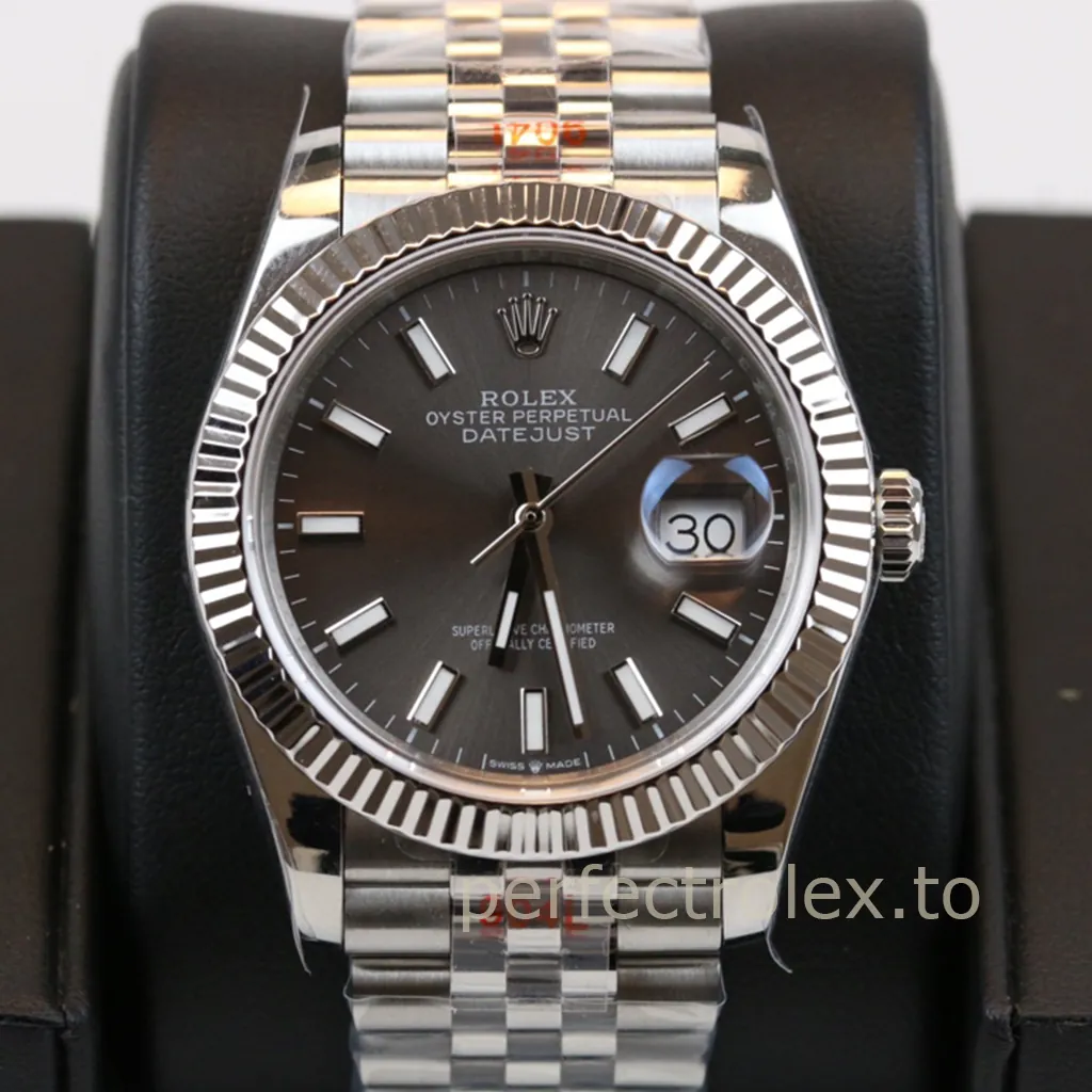 Rolex-Datejust-M126234-Gray-Sunburst-Dial-36mm-Super-Clone-Watch-Fluted-Bezel-and-Jubilee-Bracelet-Front-View-1