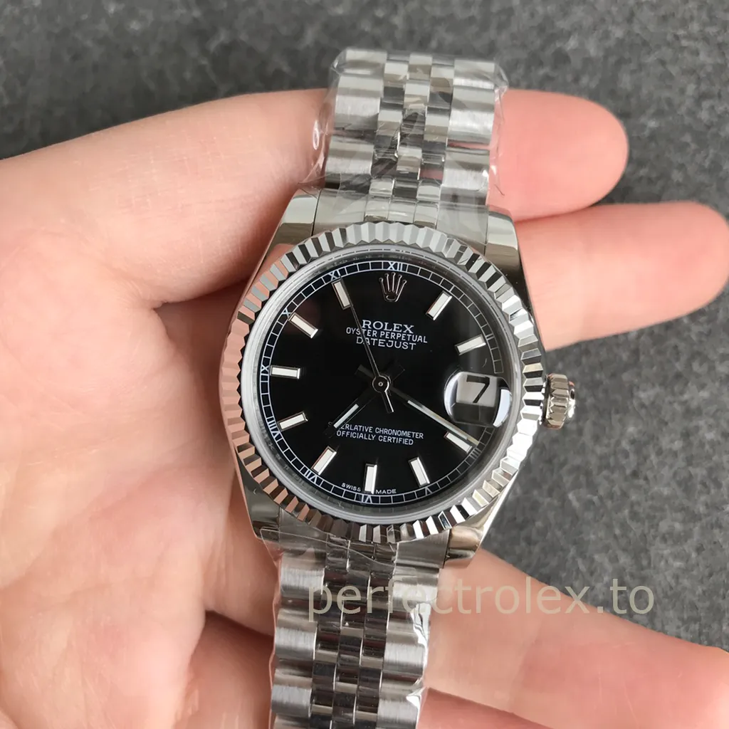 Rolex-Datejust-178274-Ladies-Super-Clone-Watch-31mm-Black-Dial-Fluted-Bezel-Front-View-1