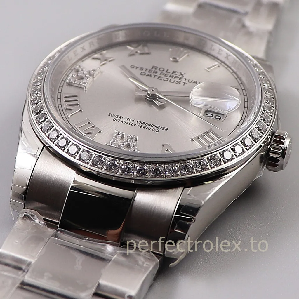 Rolex-Datejust-126284RBR-Diamond-Bezel-Super-Clone-Watch-36mm-Silver-Roman-Dial-Dial-Detail-2