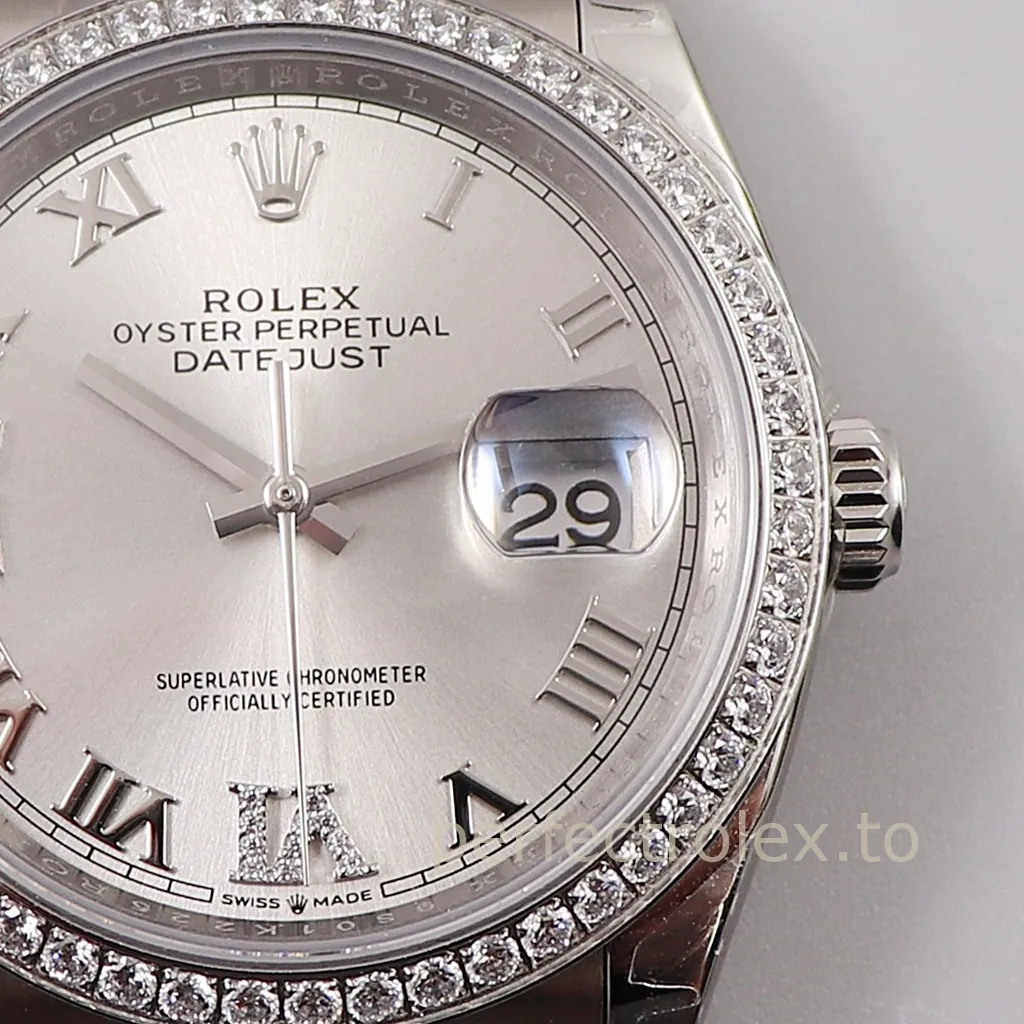 Rolex-Datejust-126284RBR-Diamond-Bezel-Super-Clone-Watch-36mm-Silver-Roman-Dial-Dial-Detail-1