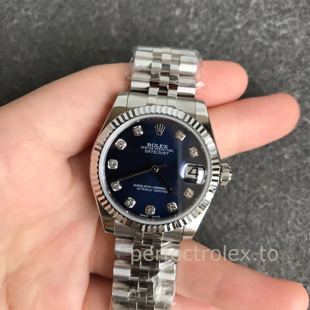 Rolex-Datejust-Diamond-Dial-178274-0048-Ladies-Super-Clone-Watch-31mm-Blue-Sunray-Front-View-1