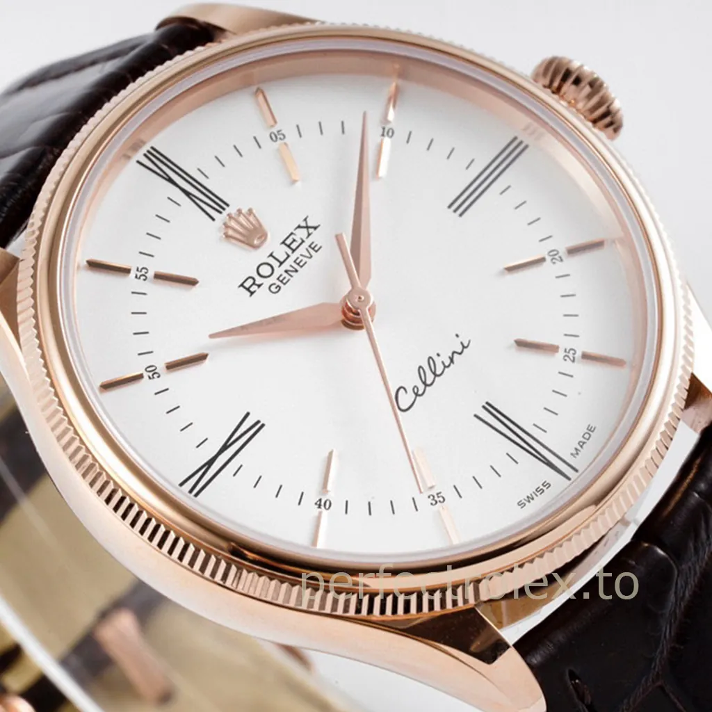 Rolex-Cellini-50505-0020-White-Dial-39mm-Luxury-Dress-Super-Clone-Watch-with-Leather-Strap-Dial-Detail-3