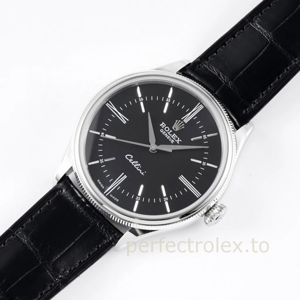 Rolex-Cellini-50509-0006-Black-Dial-Dress-Super-Clone-Watch-39mm-Leather-Strap-Front-View-2