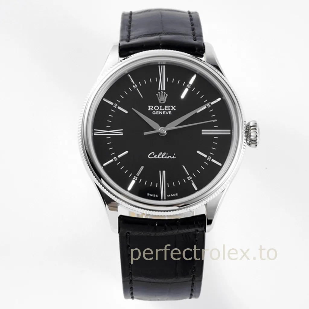Rolex-Cellini-50509-0006-Black-Dial-Dress-Super-Clone-Watch-39mm-Leather-Strap-Front-View-1