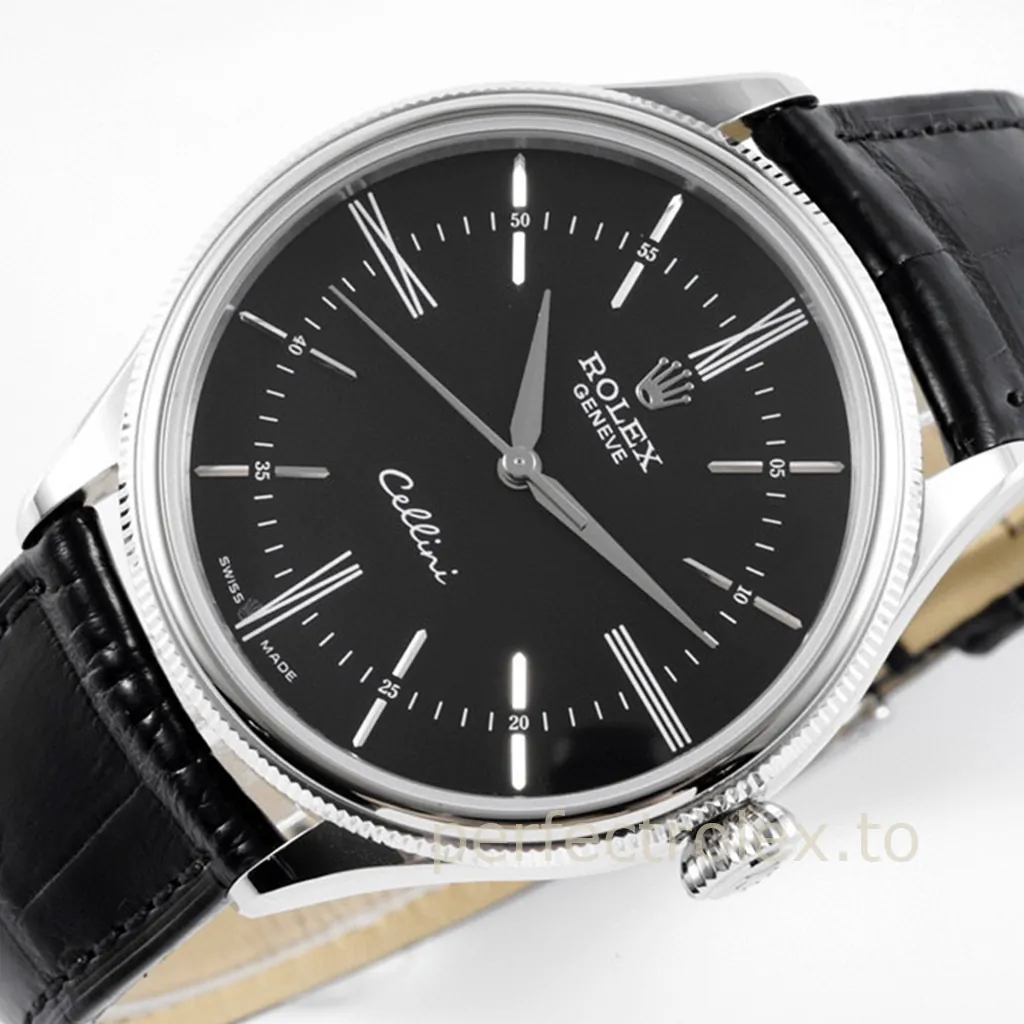 Rolex-Cellini-50509-0006-Black-Dial-Dress-Super-Clone-Watch-39mm-Leather-Strap-Dial-Detail-1