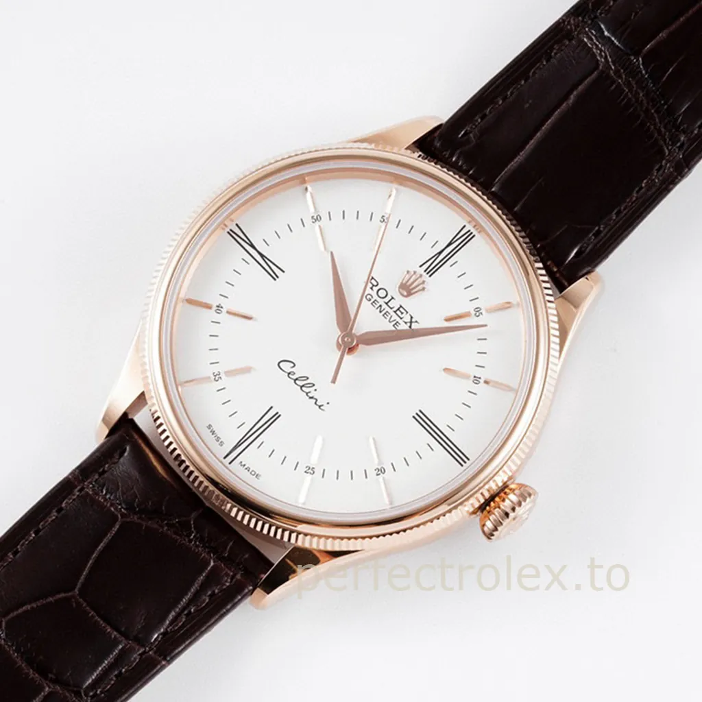 Rolex-Cellini-50505-0020-White-Dial-39mm-Luxury-Dress-Super-Clone-Watch-with-Leather-Strap-Front-View-2