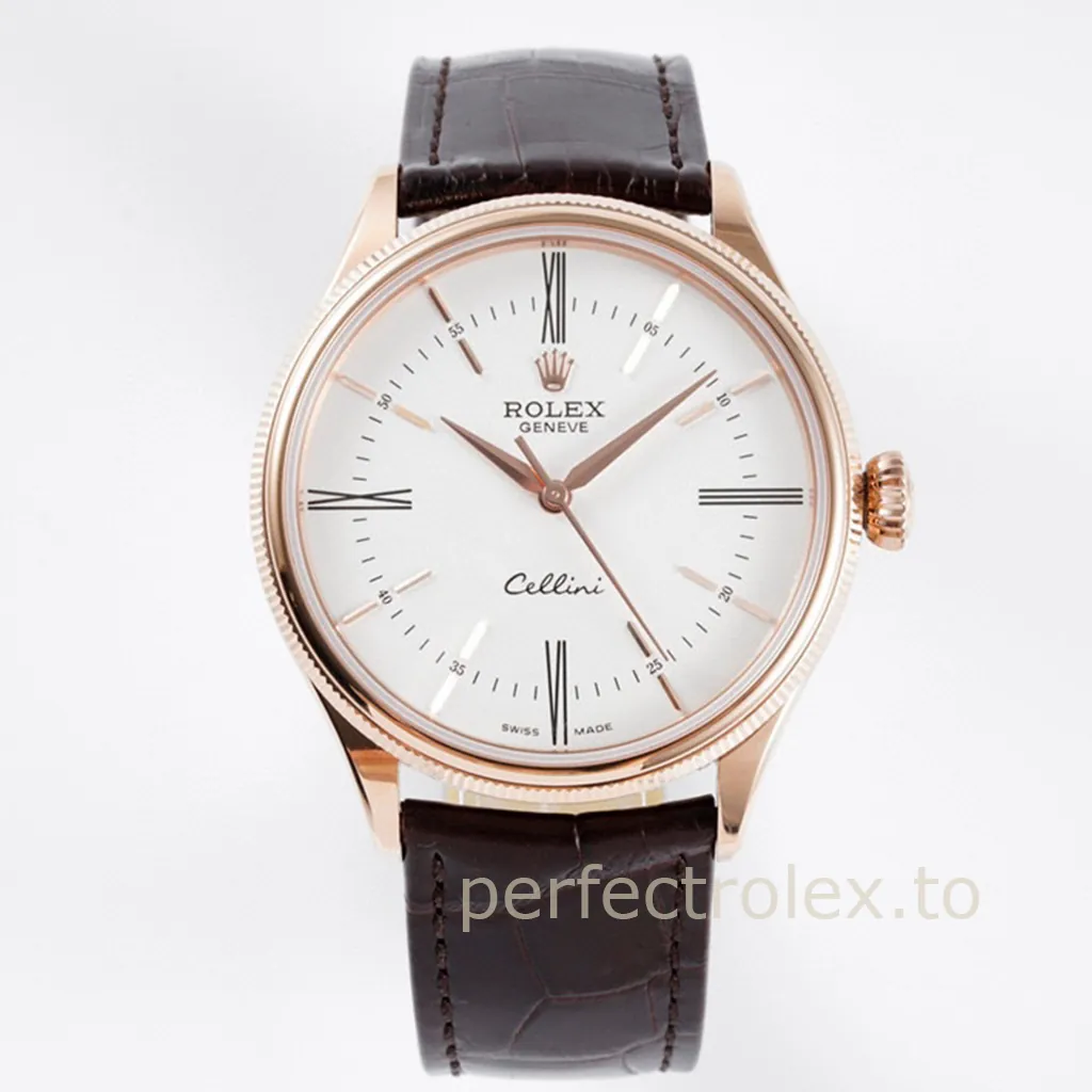 Rolex-Cellini-50505-0020-White-Dial-39mm-Luxury-Dress-Super-Clone-Watch-with-Leather-Strap-Front-View-1