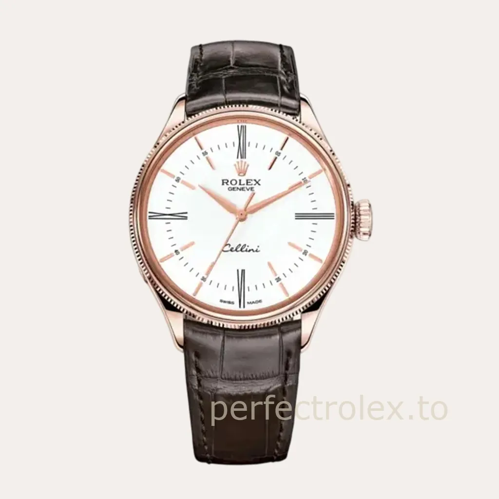 Rolex-Cellini-50505-0020-White-Dial-39mm-Luxury-Dress-Super-Clone-Watch-with-Leather-Strap-Hero-Image