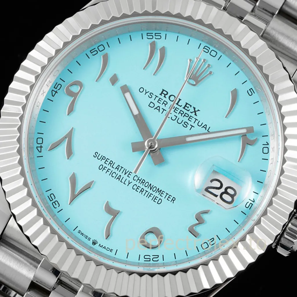 Rolex-Datejust-126334-Tiffany-Blue-Arabic-Numerals-41mm-Fluted-Bezel-Super-Clone-Watch-Dial-Detail-2