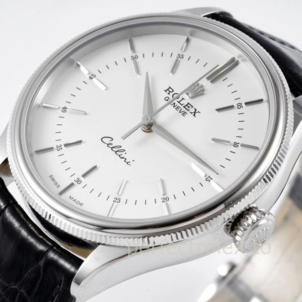 Rolex-Cellini-50509-0016-39mm-White-Dial-Super-Clone-Dress-Watch-Leather-Strap-Dial-Detail-1