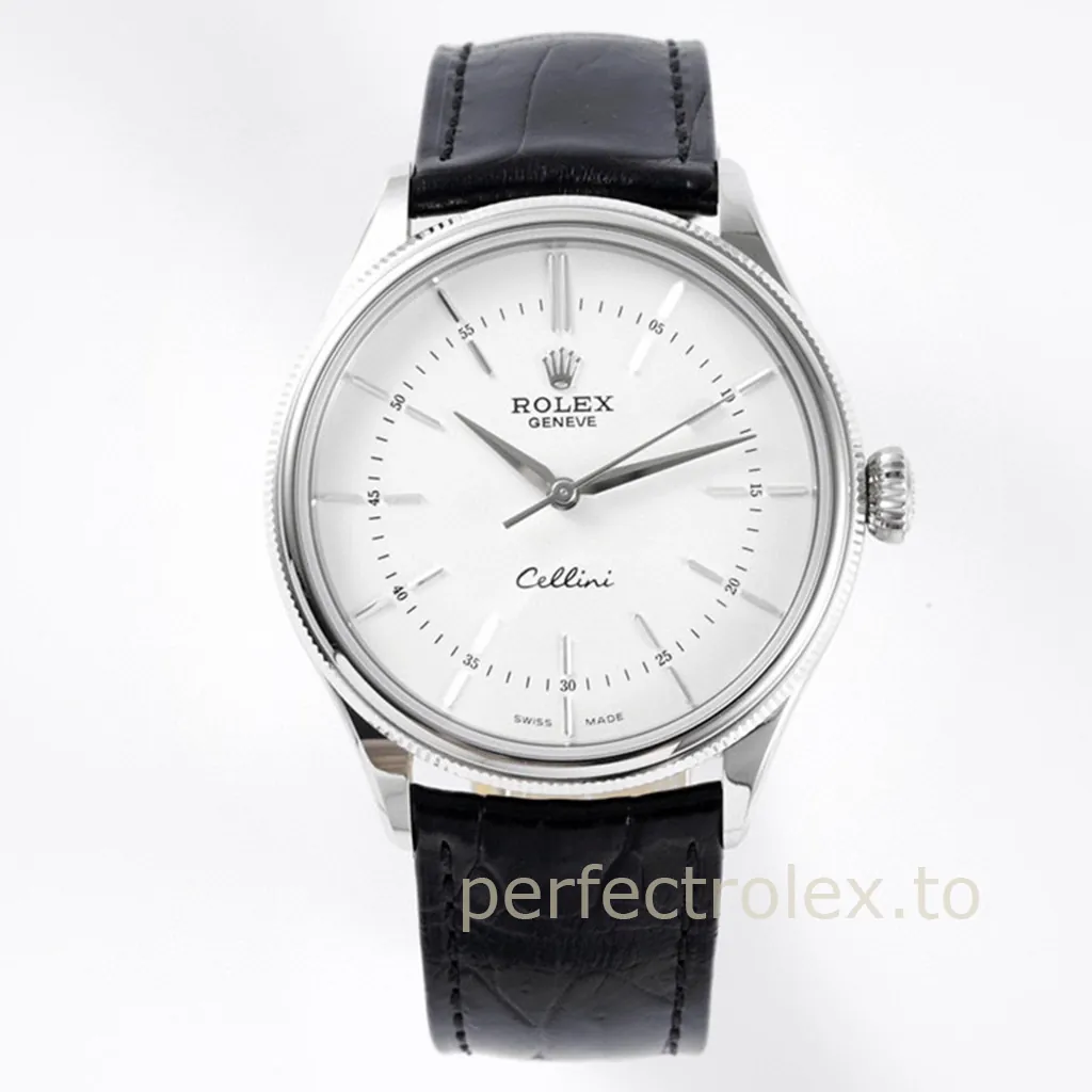 Rolex-Cellini-50509-0016-39mm-White-Dial-Super-Clone-Dress-Watch-Leather-Strap-Front-View-1