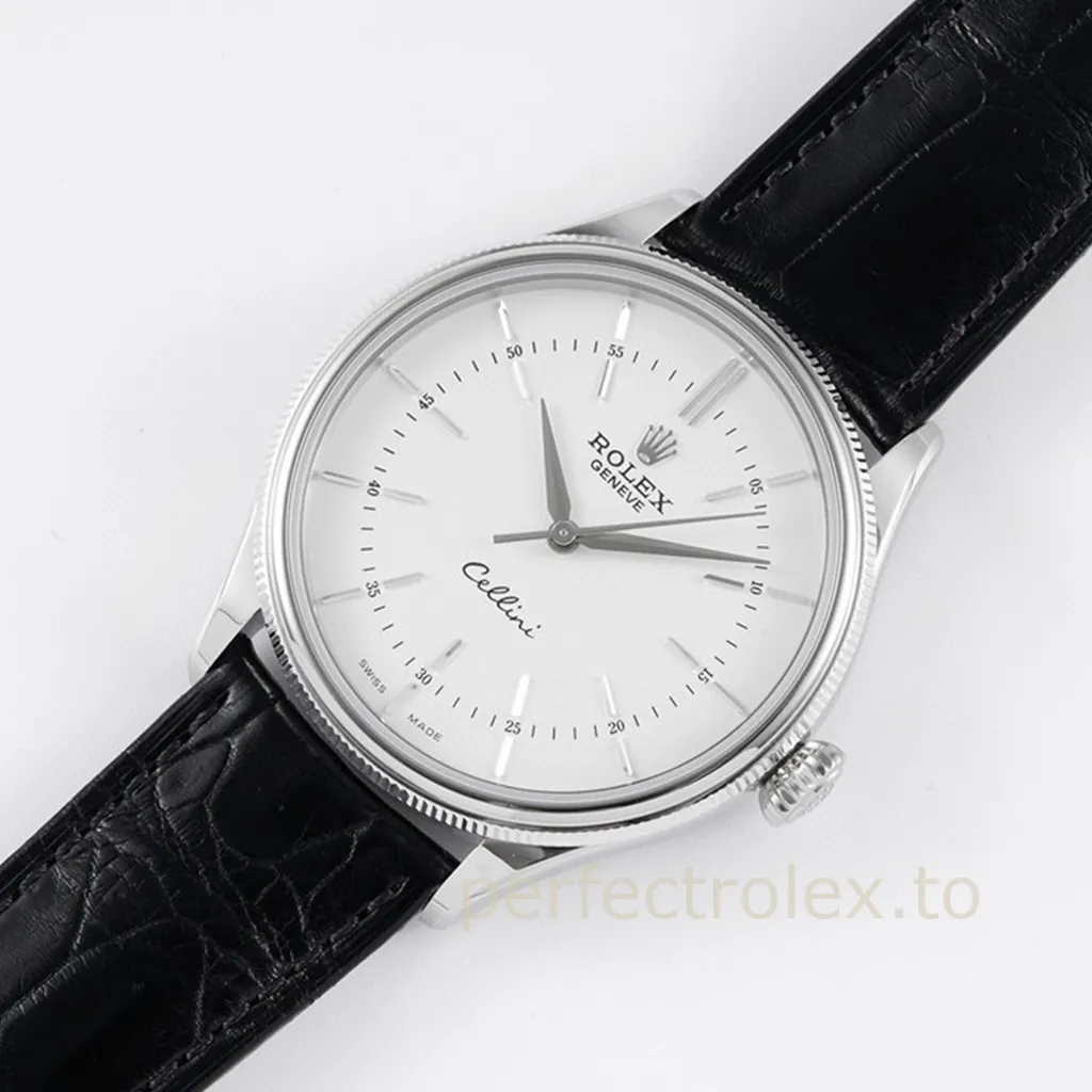 Rolex-Cellini-50509-0016-39mm-White-Dial-Super-Clone-Dress-Watch-Leather-Strap-Front-View-2