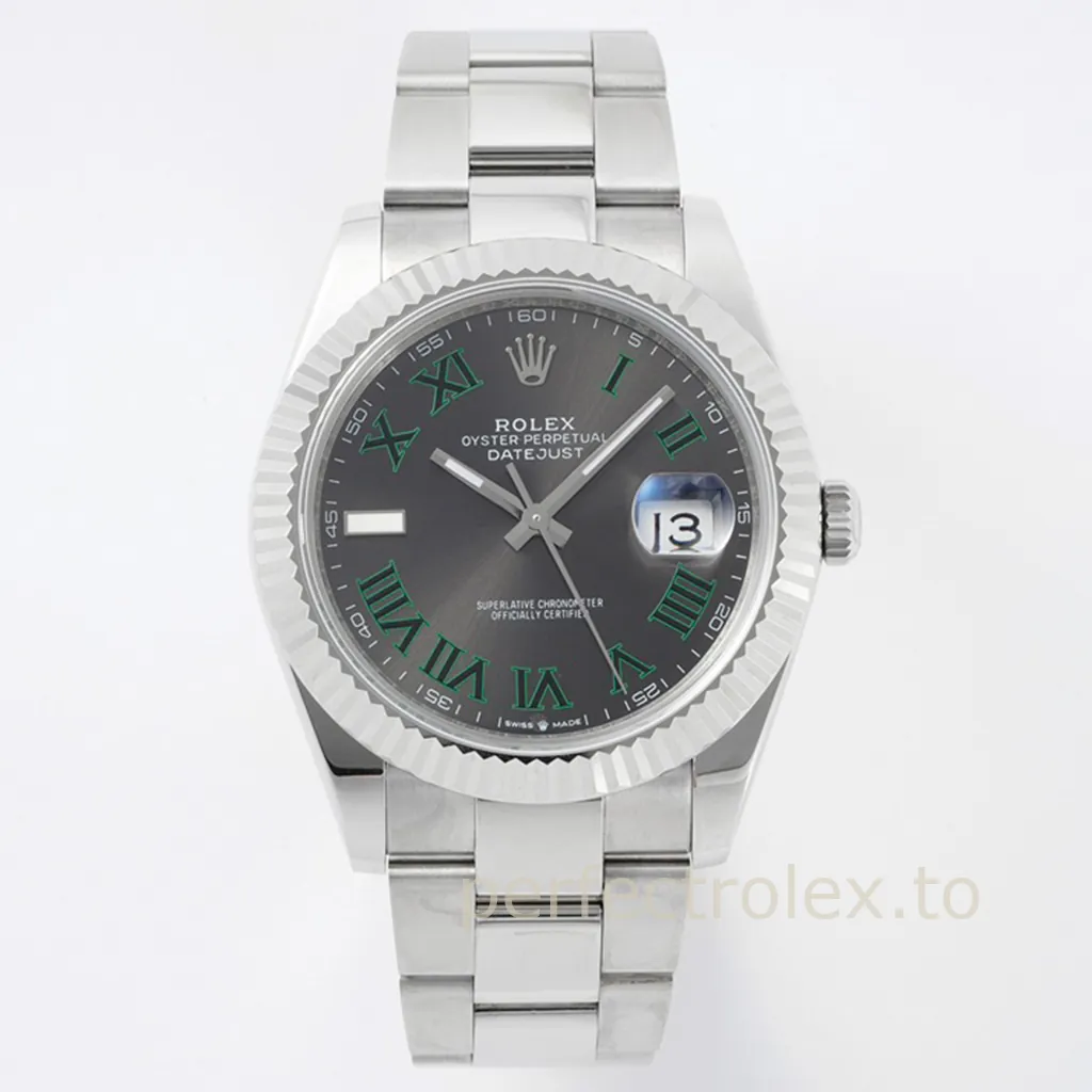 Rolex-Datejust-M126334-0021-41mm-Slate-Grey-Wimbledon-Style-Roman Numeral-Dial-Luxury-Replica-Watch-Front-View-1