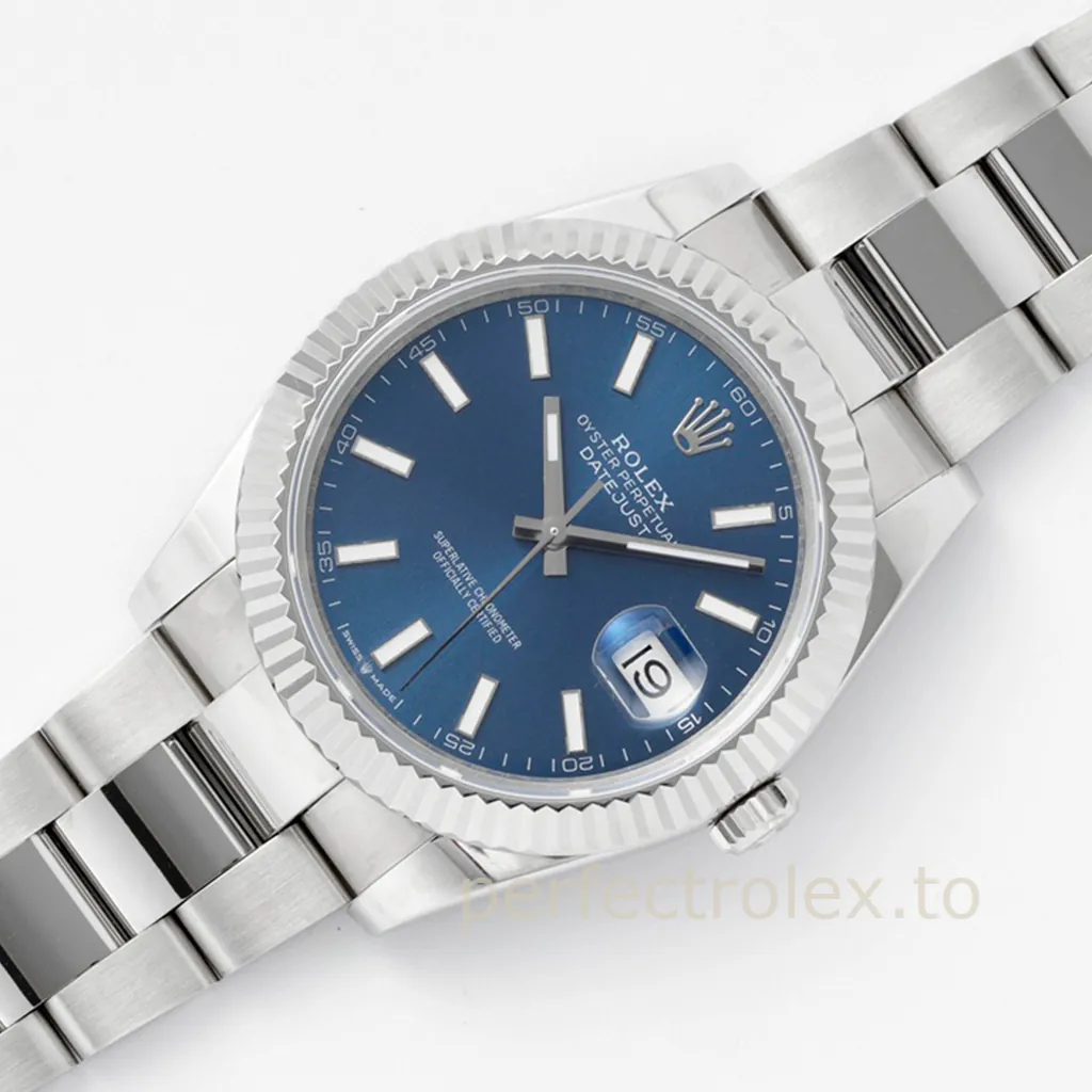 Rolex-Datejust-M126334-0001-Luxury-41mm-Replica-Watch-Blue-Dial-Fluted-Bezel-and-Oyster-Bracelet-Front-View-2