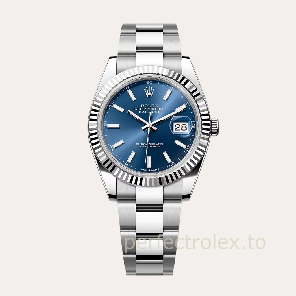 Rolex-Datejust-M126334-0001-Luxury-41mm-Replica-Watch-Blue-Dial-Fluted-Bezel-and-Oyster-Bracelet-Hero-Image