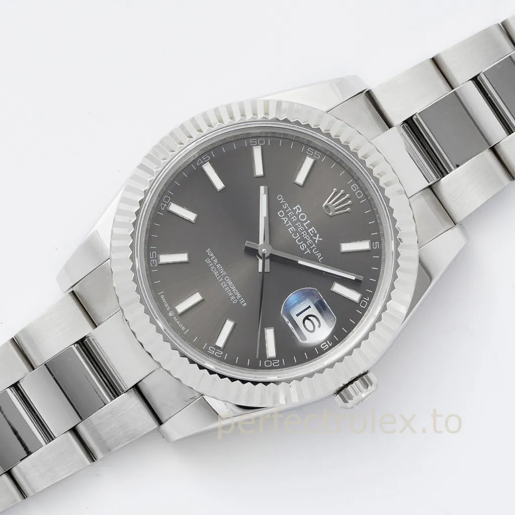 Rolex-Datejust-41-M126334-0013-Grey-Dial-Luxury-Replica-Watch-Fluted-Bezel-and-Oyster-Bracelet-Front-View-2