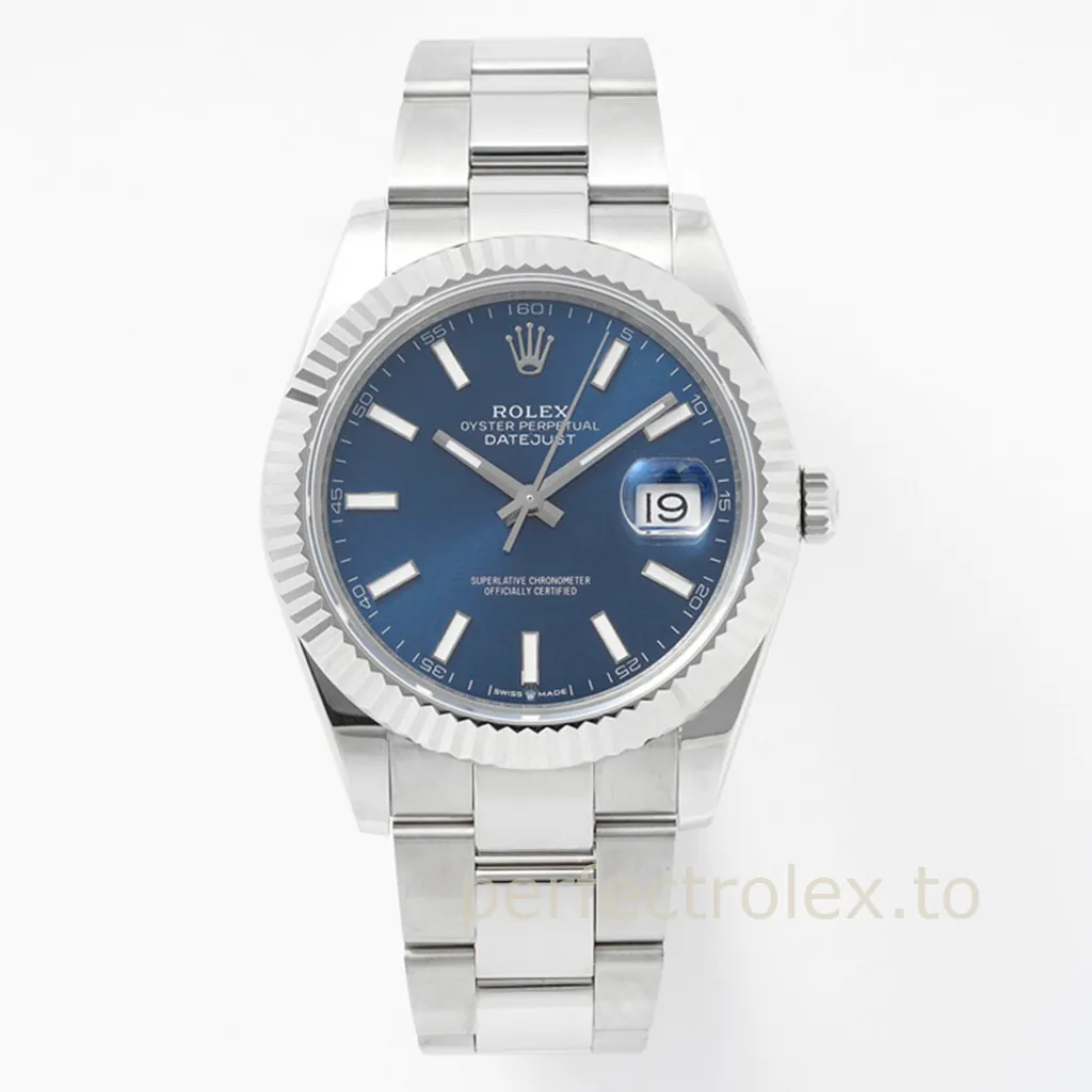 Rolex-Datejust-M126334-0001-Luxury-41mm-Replica-Watch-Blue-Dial-Fluted-Bezel-and-Oyster-Bracelet-Front-View-1