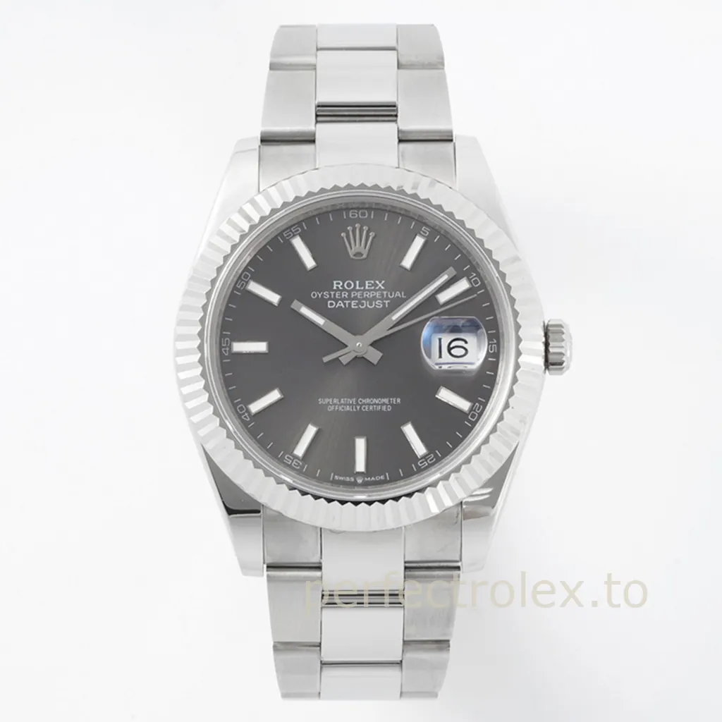 Rolex-Datejust-41-M126334-0013-Grey-Dial-Luxury-Replica-Watch-Fluted-Bezel-and-Oyster-Bracelet-Front-View-1