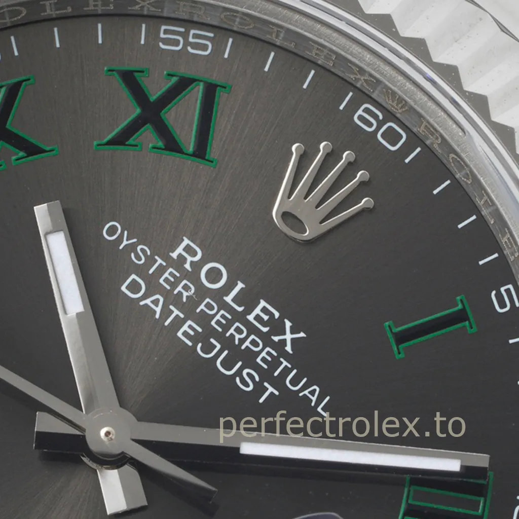Rolex-Datejust-M126334-0021-41mm-Slate-Grey-Wimbledon-Style-Roman Numeral-Dial-Luxury-Replica-Watch-Dial-Detail-2
