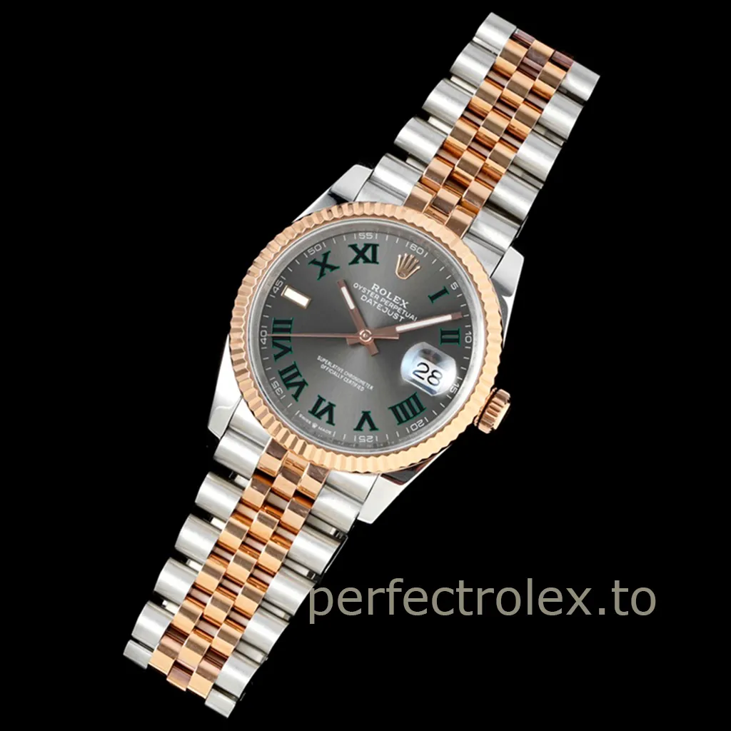 Rolex-Datejust-126231-0029-Dress-Business-Replica-Watch-36mm-Grey-Roman-Dial-Rose-Gold-Jubilee-Bracelet-Front-View-2