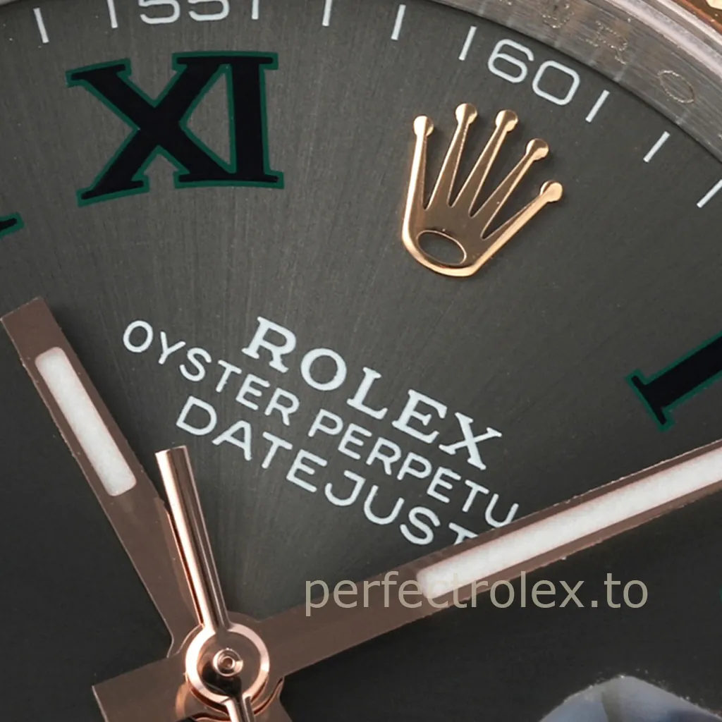 Rolex-Datejust-126231-0029-Dress-Business-Replica-Watch-36mm-Grey-Roman-Dial-Rose-Gold-Jubilee-Bracelet-Dial-Detail-3