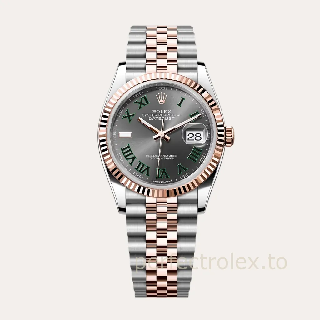 Rolex-Datejust-126231-0029-Dress-Business-Replica-Watch-36mm-Grey-Roman-Dial-Rose-Gold-Jubilee-Bracelet-Hero-Image