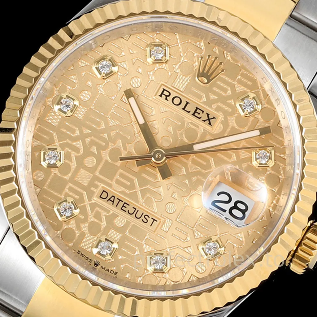 Rolex-Datejust-126233-0034-Super-Clone-Watch-36mm-Champagne-Rolex-Pattern-Diamond-Dial-Oyster-Bracelet-Dial-Detail-1