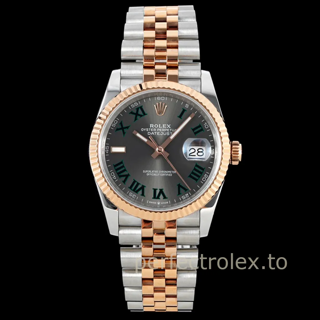 Rolex-Datejust-126231-0029-Dress-Business-Replica-Watch-36mm-Grey-Roman-Dial-Rose-Gold-Jubilee-Bracelet-Front-View-1