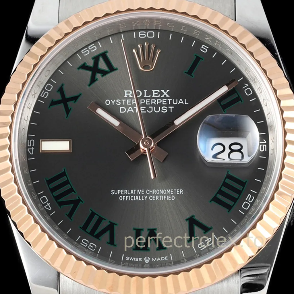 Rolex-Datejust-126231-0029-Dress-Business-Replica-Watch-36mm-Grey-Roman-Dial-Rose-Gold-Jubilee-Bracelet-Dial-Detail-1