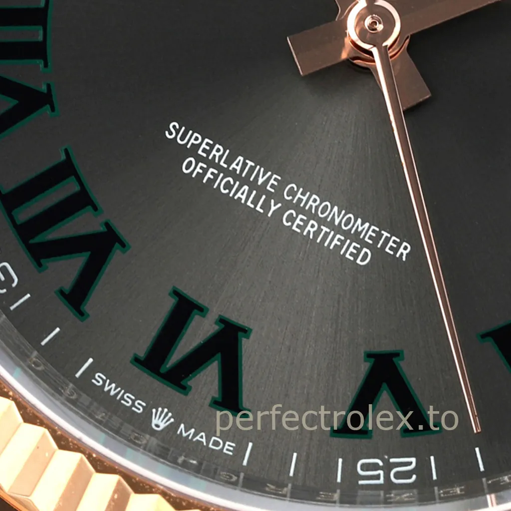 Rolex-Datejust-126231-0029-Dress-Business-Replica-Watch-36mm-Grey-Roman-Dial-Rose-Gold-Jubilee-Bracelet-Dial-Detail-2
