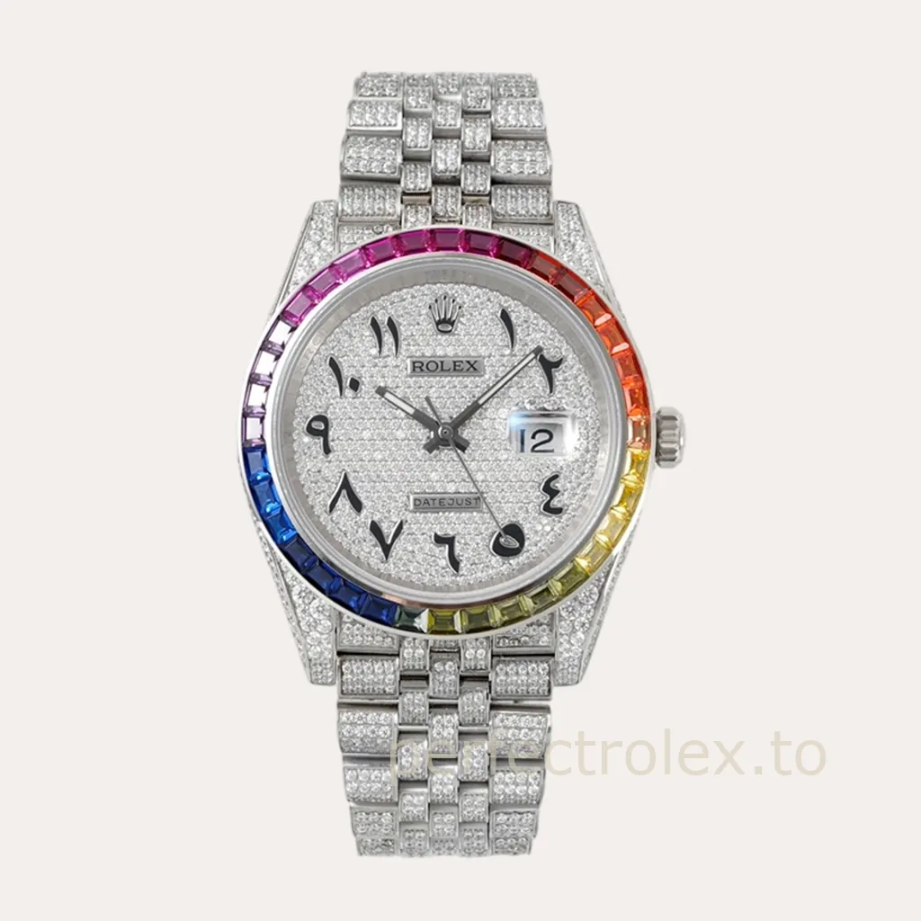 Rolex-Datejust-126300-41mm-Rainbow-Bezel-Diamond-Dial-904L-Stainless-Steel-Luxury-Super-Clone-Watch-Hero-Image