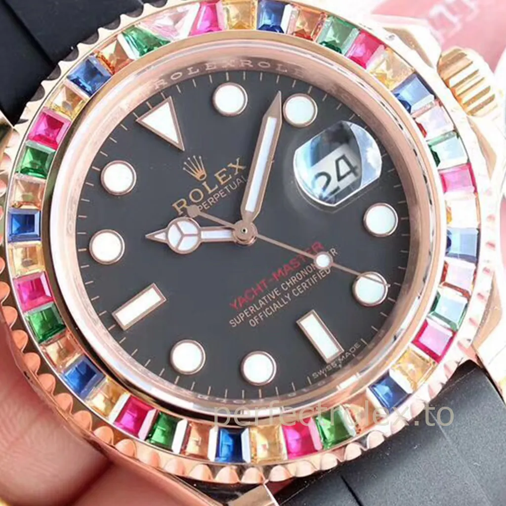 Rolex-Yacht-Master-116695SATS-40mm-Rainbow-Gem-Set-Bezel-with-3135-Movement-Replica-Watch-Dial-Detail-1