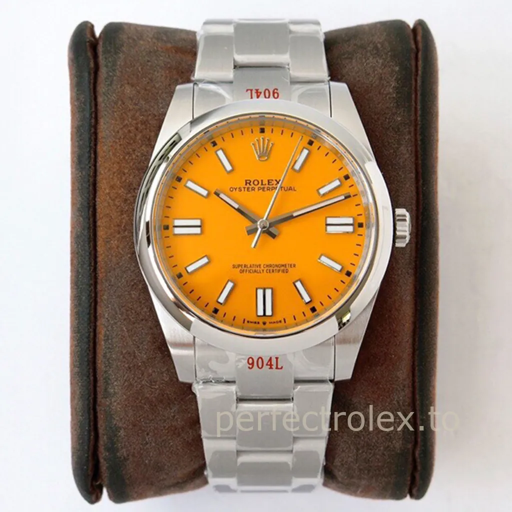 Rolex-Oyster-Perpetual-41-Ref-124300-0004-Yellow-Dial-41mm-Oystersteel-Calibre-3230-Replica-Watch-Front-View-1