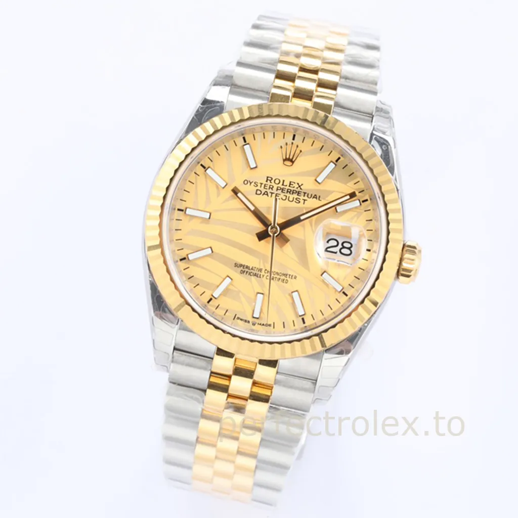 Rolex-Datejust-126233-0037-36mm-Yellow-Gold-and-Steel-Watch-with-Palm-Motif-Dial-Replica-Watch-Front-View-1