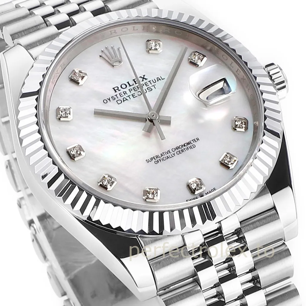 Rolex-Datejust-126334-41mm-Mother-of-Pearl-Diamond-Dial-with-904L-Steel-Jubilee-Bracelet-Replica-Watch-Dial-Detail-3