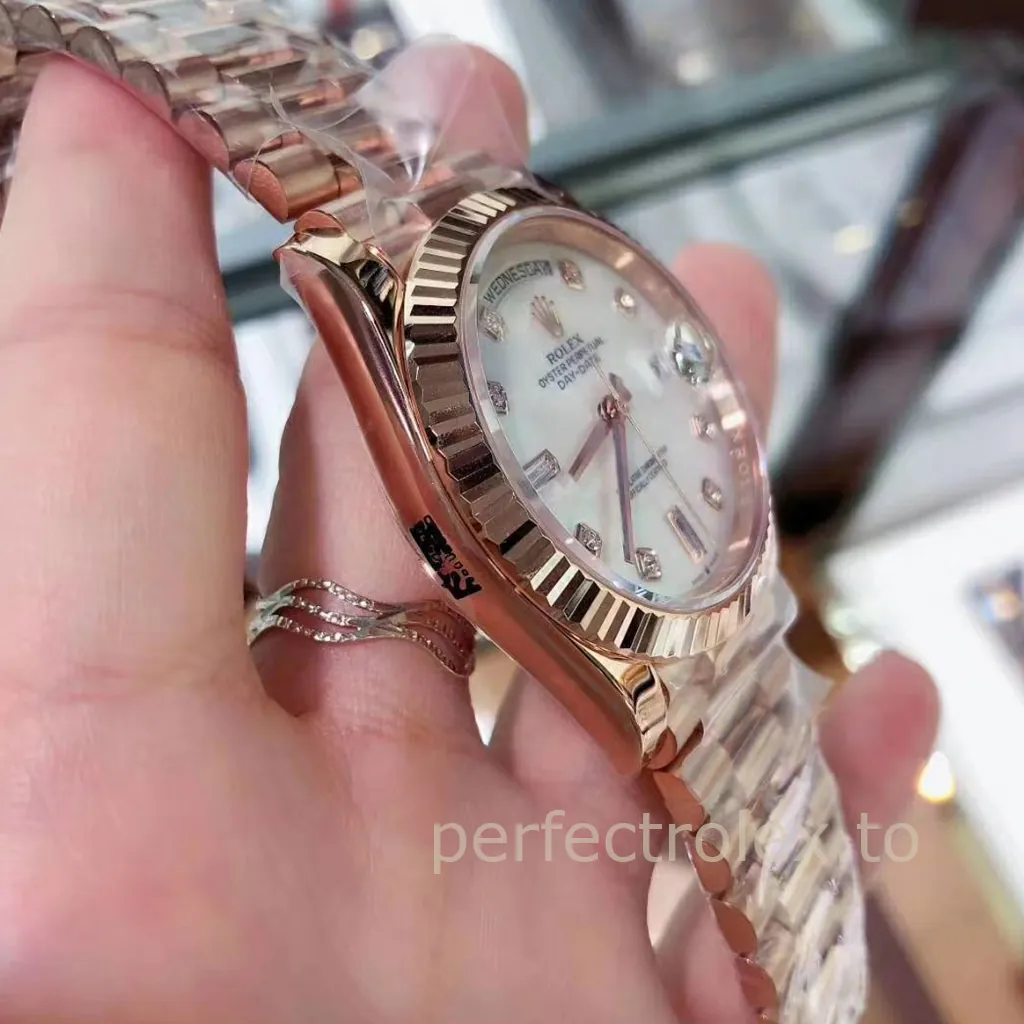 Rolex-Day-Date-128235-0029-36mm-Rose-Gold-904L-Steel-Mother-of-Pearl-Dial-3255-Movement-Replica-Watch-Left-Side-View