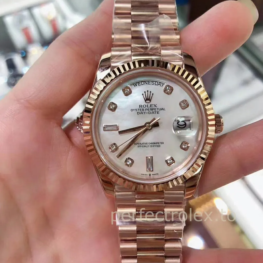 Rolex-Day-Date-128235-0029-36mm-Rose-Gold-904L-Steel-Mother-of-Pearl-Dial-3255-Movement-Replica-Watch-Front-View-1