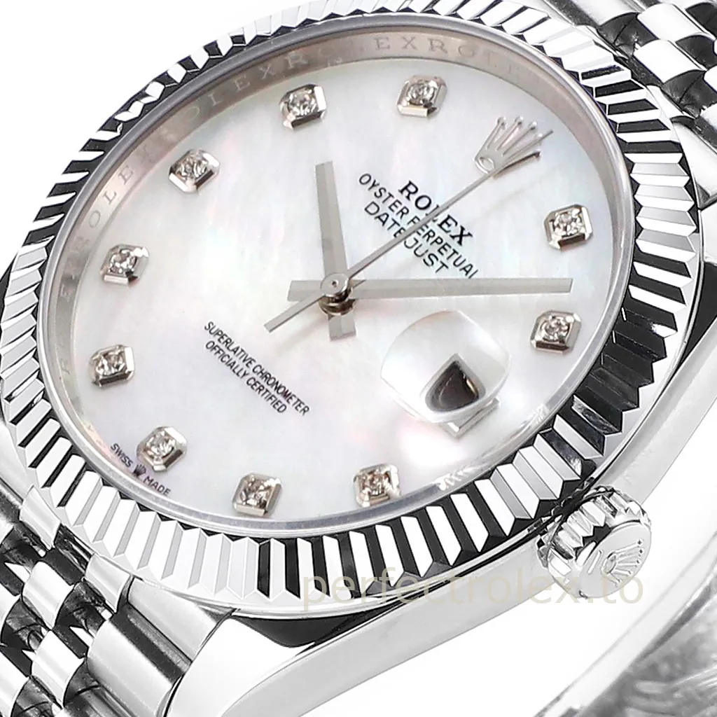 Rolex-Datejust-126334-41mm-Mother-of-Pearl-Diamond-Dial-with-904L-Steel-Jubilee-Bracelet-Replica-Watch-Dial-Detail-2